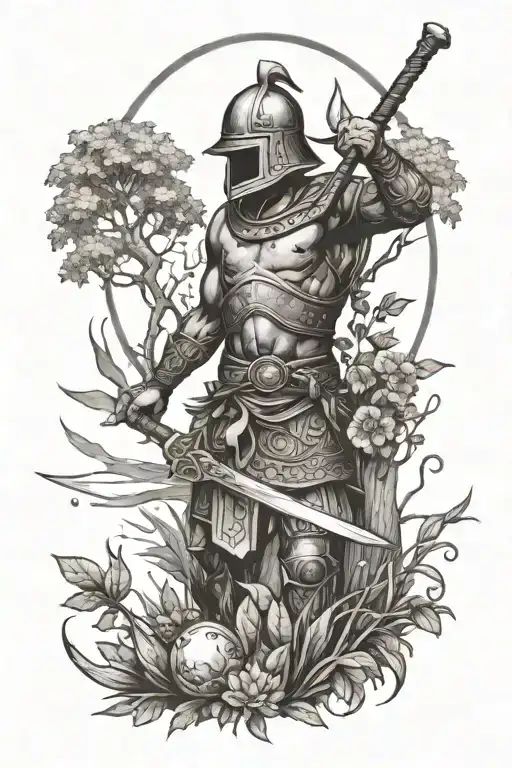 simple warrior in a garden chop wood carry water  tattoo design idea
