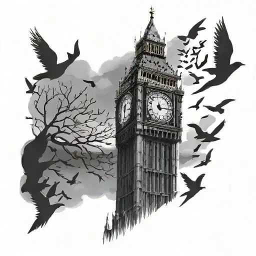 Big Ben at night with birds flying tattoo design idea