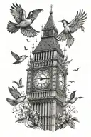 Big Ben at night with birds flying tattoo design idea
