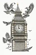 Big Ben at night with birds flying tattoo design idea