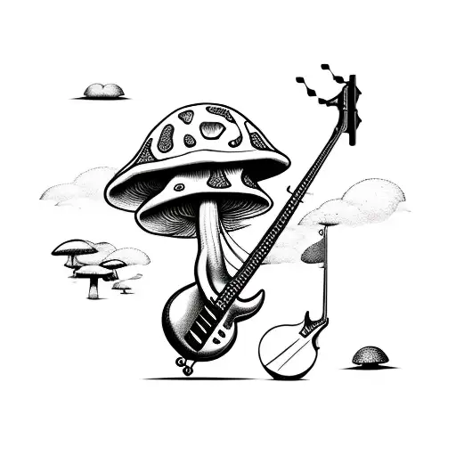 mushrooms + bass guitar + fishing + motorcycle tattoo design idea