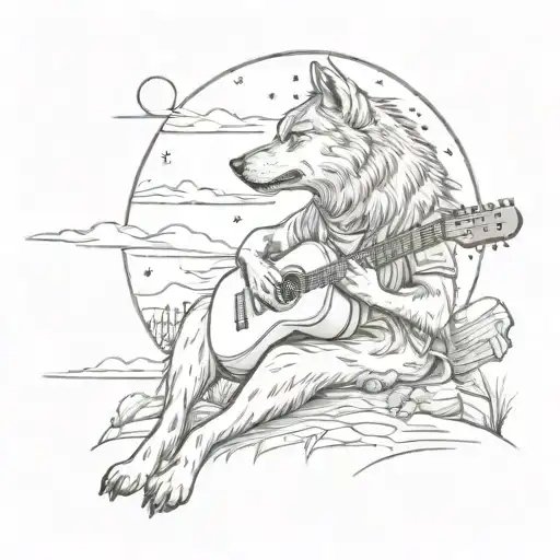 A wolf howling at a full moon while playing a guitar in a serene Italian countryside setting tattoo design idea