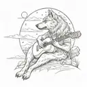 A wolf howling at a full moon while playing a guitar in a serene Italian countryside setting tattoo design idea