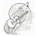 A wolf howling at a full moon while playing a guitar in a serene Italian countryside setting tattoo design idea