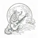 A wolf howling at a full moon while playing a guitar in a serene Italian countryside setting tattoo design idea