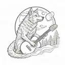 A wolf howling at a full moon while playing a guitar in a serene Italian countryside setting tattoo design idea