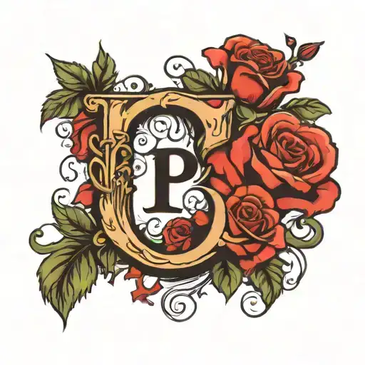 the letter P with roses intertwined tattoo design idea