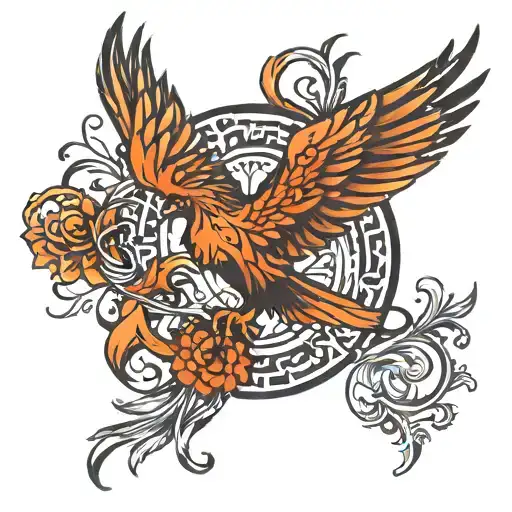 Bracelet tattoo for whole elbow where phoenix bird will be in middle and S S S A M letters will be under phoenix bird  tattoo design idea