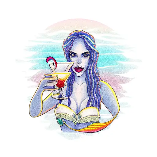 A mermaid holding a cocktail glass with a sunset over the sea in the background tattoo design idea