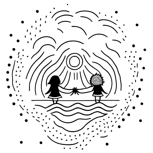 A minimalist tattoo of a mother and daughter holding hands in front of a sunset tattoo design idea