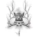 Jaguar in a tall dead tree with long roots and branches  tattoo design idea