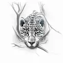 Jaguar in a tall dead tree with long roots and branches  tattoo design idea