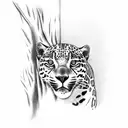 Jaguar in a tall dead tree with long roots and branches  tattoo design idea