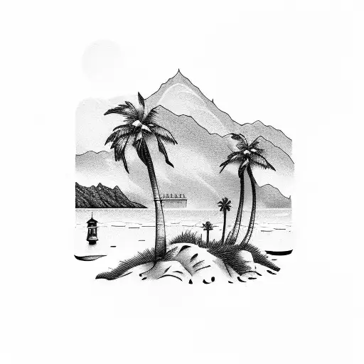Desert mountain, lighthouse, 2 palm trees, beach, ocean and sky tattoo design idea