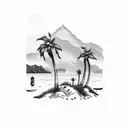 Desert mountain, lighthouse, 2 palm trees, beach, ocean and sky tattoo design idea