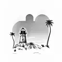 Desert mountain, lighthouse, 2 palm trees, beach, ocean and sky tattoo design idea