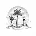 Desert mountain, lighthouse, 2 palm trees, beach, ocean and sky tattoo design idea