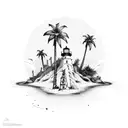 Desert mountain, lighthouse, 2 palm trees, beach, ocean and sky tattoo design idea