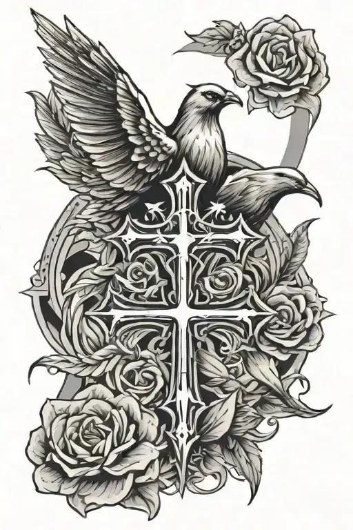 doves rays and cross surrounded tattoo design idea