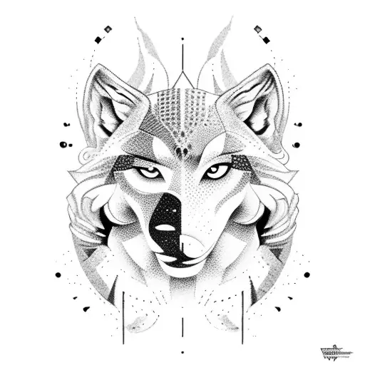 Create a dotwork tattoo that features a Sphinx-inspired wolf guarding the ruins of Pompeii in Italy. tattoo design idea