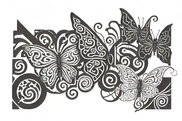 Nordic bind runes, the elements, a spiral, and a butterfly in the style of nordic tattoo design idea
