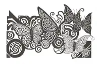 Nordic bind runes, the elements, a spiral, and a butterfly in the style of nordic tattoo design idea