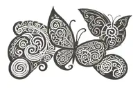 Nordic bind runes, the elements, a spiral, and a butterfly in the style of nordic tattoo design idea