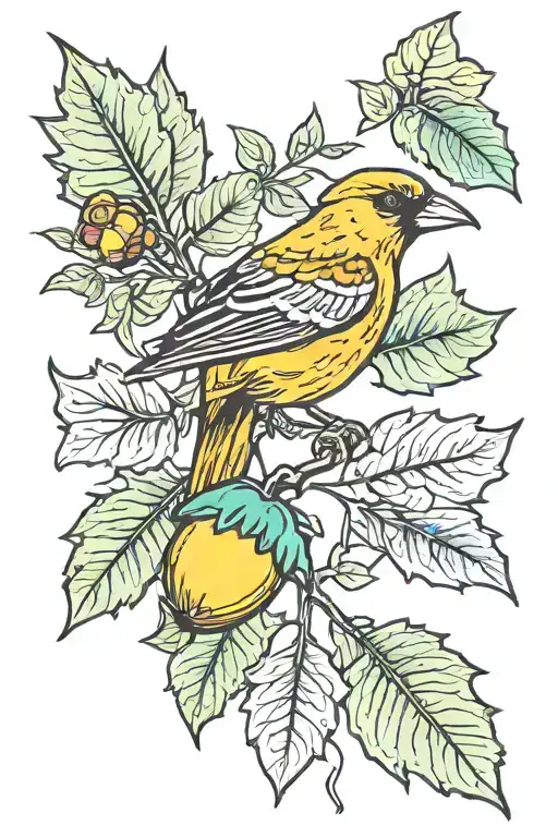 acorn leaf with strong canary bird tattoo design idea