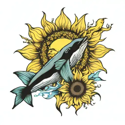 Van gogh, sunflower, sun, bee, and whale swimming tattoo design idea