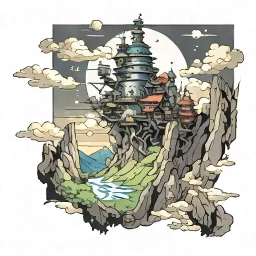 howl's moving castle surrounded by mountain landscape tattoo design idea