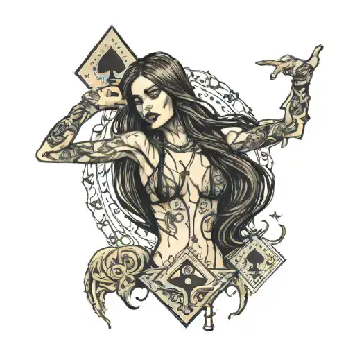 skinny french girl, long straight brown hair wet, in ecstasy, surrounded by ace of spades tattoo design idea