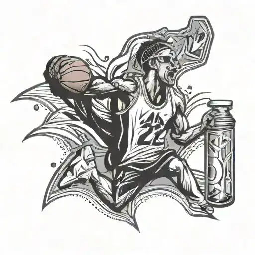 A dynamic and abstract design of a basketball player dunking a dollar bill into a juice bottle, symbolizing the client's love for sports, money, and juice tattoo design idea