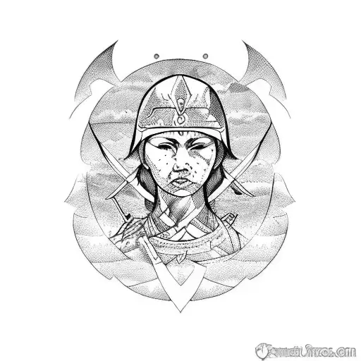 blindfolded warrior women with sword and Mandela patterns  tattoo design idea