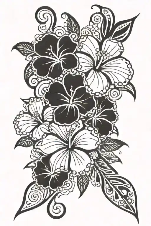 Tongan tribal tattoo that curvers up my leg with hibiscus flowers on my hip with smaller leafs and flowers around it  tattoo design idea