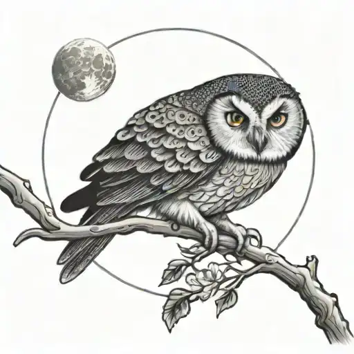 An owl perched on a branch with a full moon in the background, symbolizing solitude and knowledge tattoo design idea