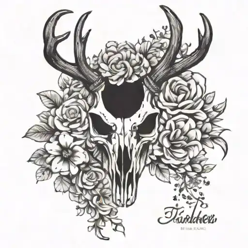 deer skull and flowers intertwined tattoo design idea
