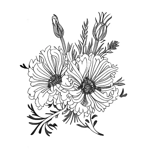 a bouquet with carnation violet cosmos gladiolus chrysanthemum holly tattoo design idea