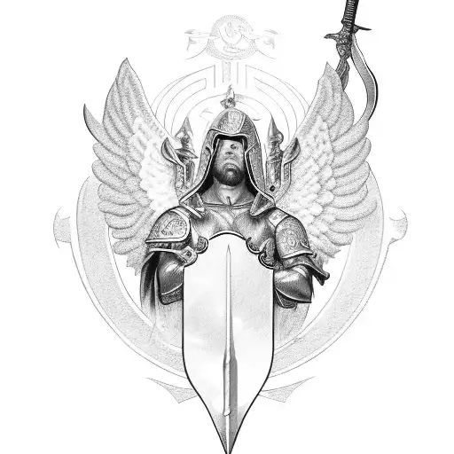 A guardian angel with a sword and shield protecting a benfica emblem tattoo design idea