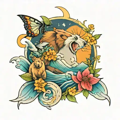 Mountains, outdoors, the ocean, sun and moon, flowers, butterflies, fishing, bears, storms tattoo design idea