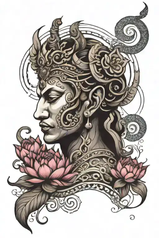 peaceful shivan face merged with temple and lotus and snake tattoo design idea