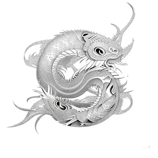 An anime-inspired depiction of a koi fish transforming into a dragon, with intricate dotwork details tattoo design idea