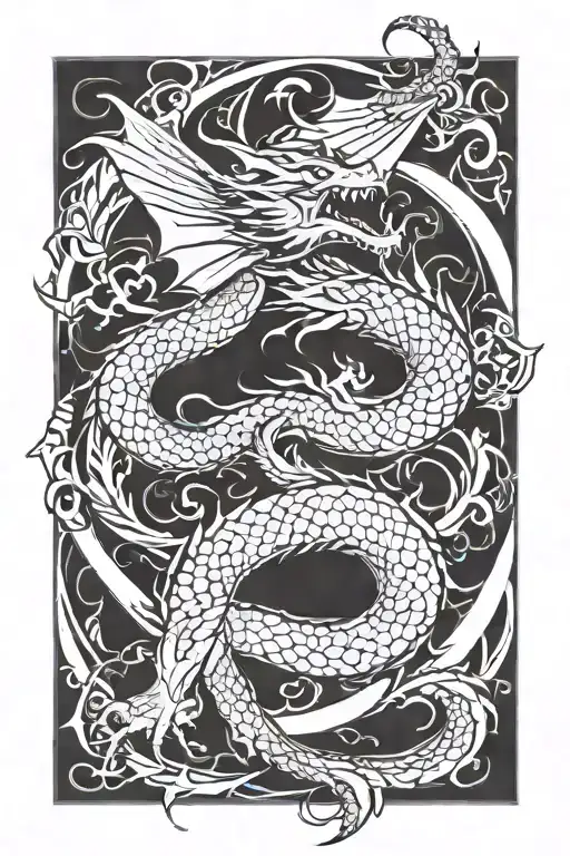shadow of a dragon spiraling around a north arrow tattoo design idea
