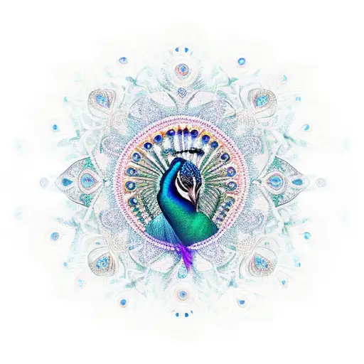 peacock feathers mandala bright bold colors tattoo design idea