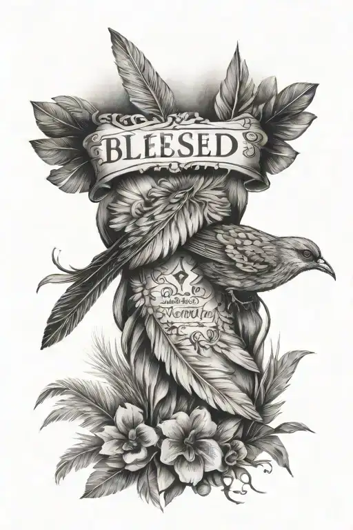 blessed written across forearm with praying hands next to it and bird feathers around it  tattoo design idea