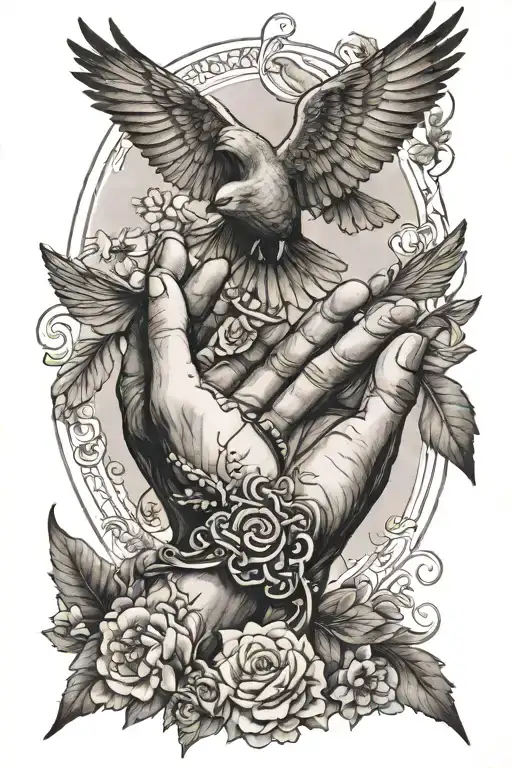 prayer hands next to the word blessed with birds flying tattoo design idea