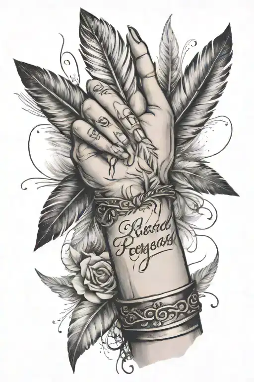 blessed written across forearm with praying hands next to it and bird feathers around it  tattoo design idea