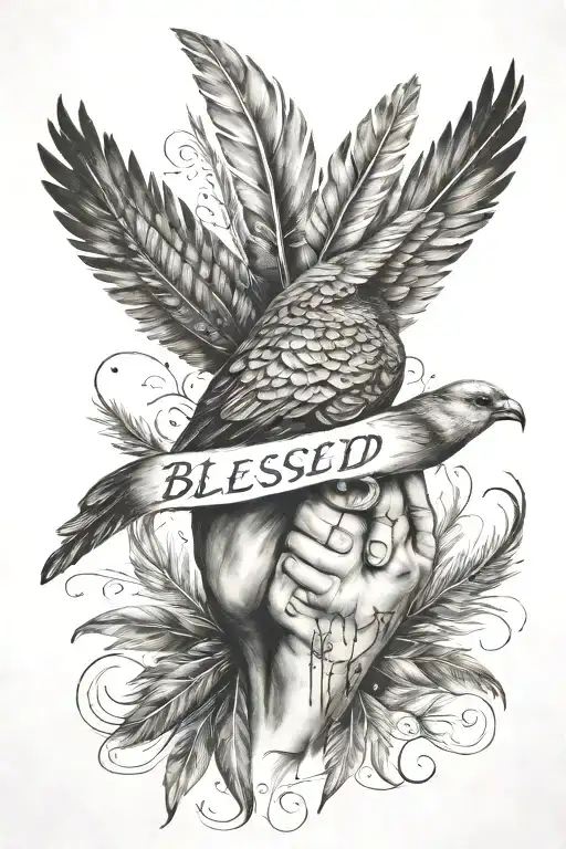 blessed written across  with praying hands next to it and bird feathers around it tattoo design idea
