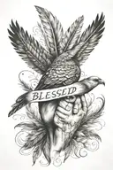 blessed written across  with praying hands next to it and bird feathers around it tattoo design idea