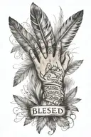 blessed written across  with praying hands next to it and bird feathers around it tattoo design idea