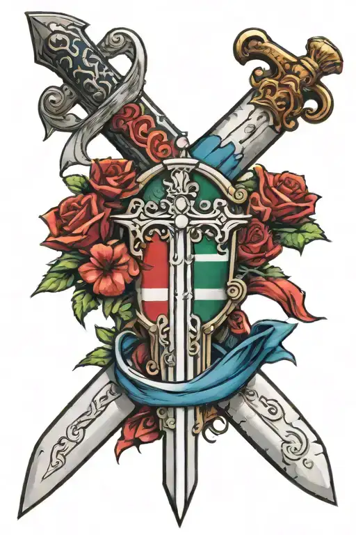 sword with prima la familia wrapped around it with an Italian flag tattoo design idea